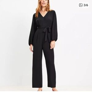 LOFT Black Long-Sleeve V-Neck Jumpsuit with Tie Waist. Size 12.